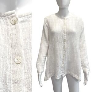 Purejill Linen Cotton Crinkled Button Front Tunic Top Petite Size Small White